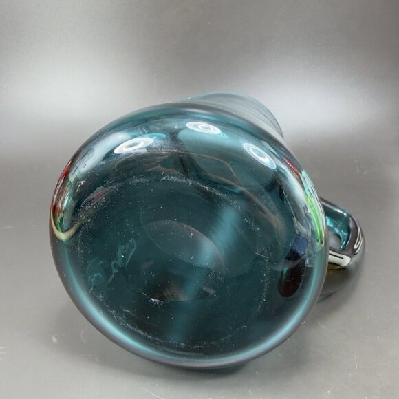 Mid Century Teal Green Art Glass Pitcher Jug Carafe Hand Blown Glassware Vintage - Picture 9 of 11